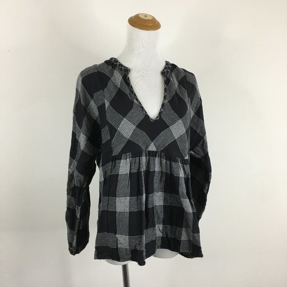 MADEWELL Black Gray/White'ish Plaid Checks VNeck Dolman Sleeve 2Ply Fabric Shirt - Picture 1 of 8